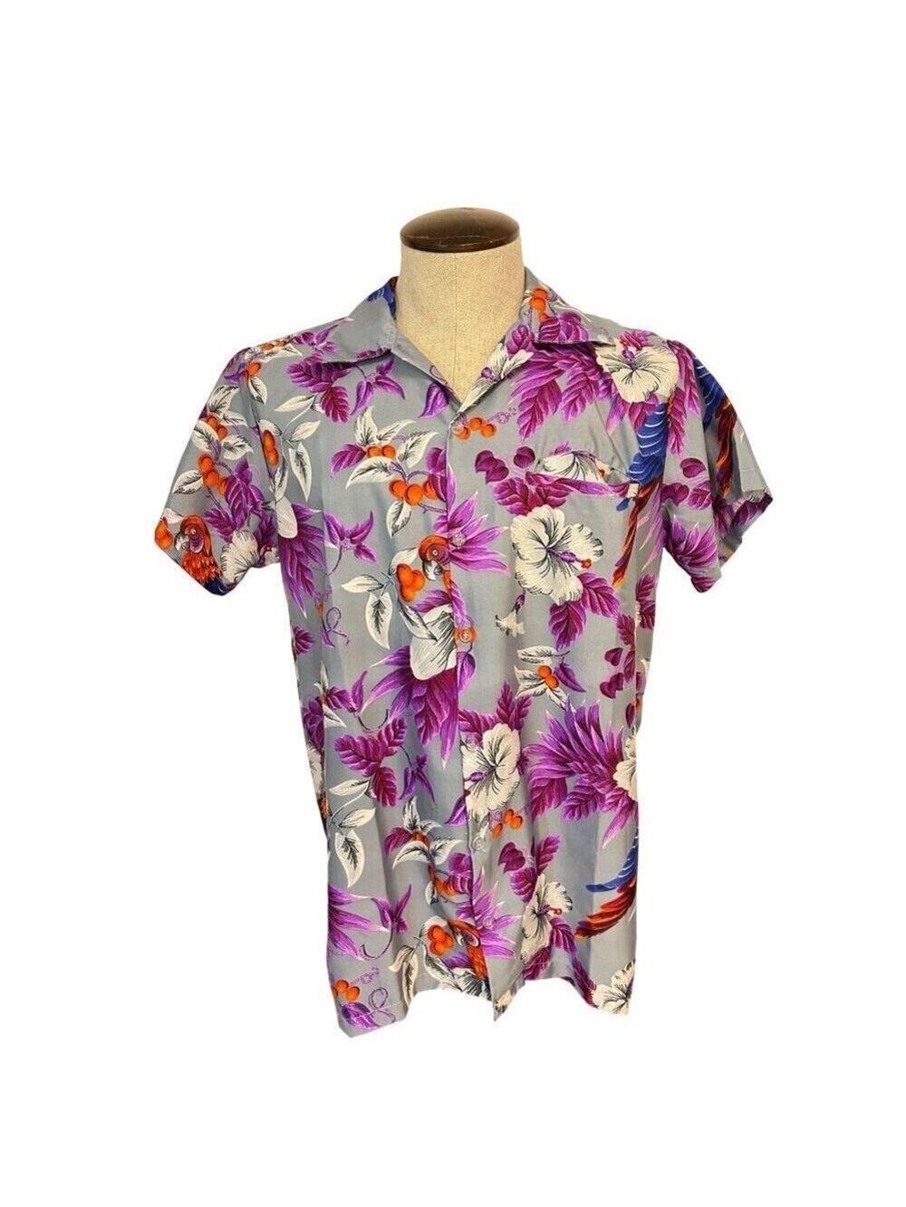King Kameha Vintage Purple Floral & Parrot Print Short Sleeve Medium